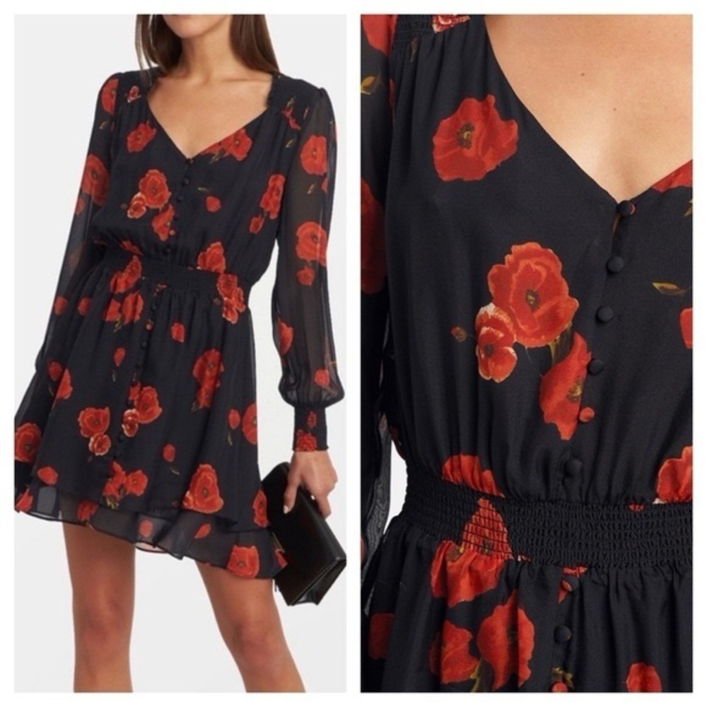 INTERMIX Kayla LS Dress Smocked Printed mini silk Poppy floral print size 4